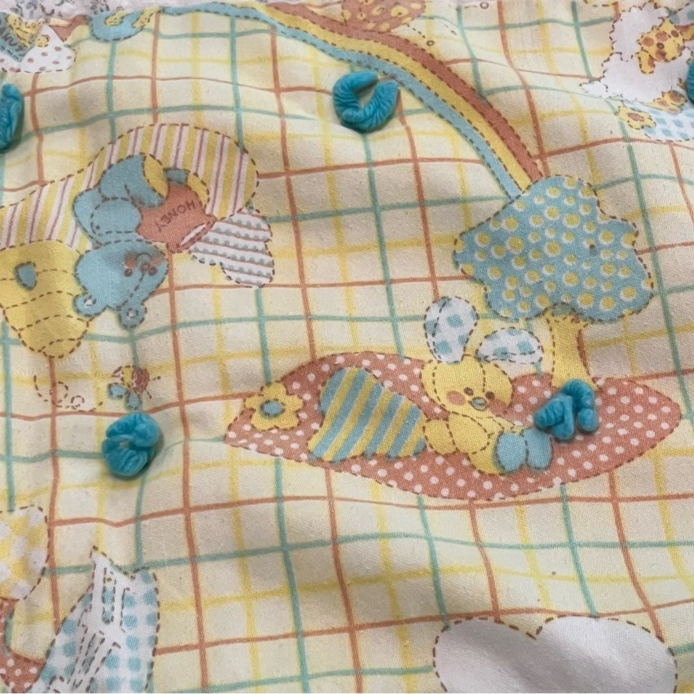 Vintage Baby Quilt Reversible Animal Grid‎ Floral Blue Yarn Tied Nursery Blanket